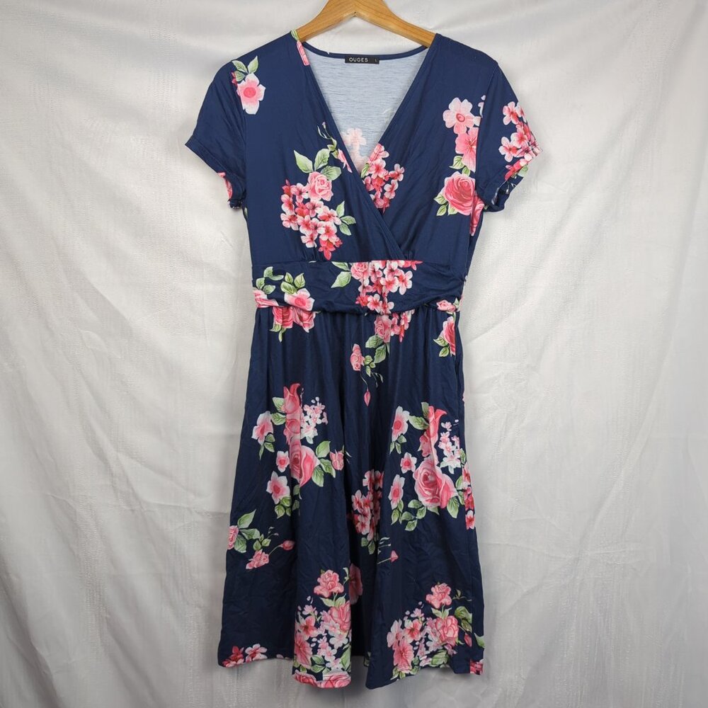 Ouges Navy Blue V-Neck Dress with Pink Floral Print